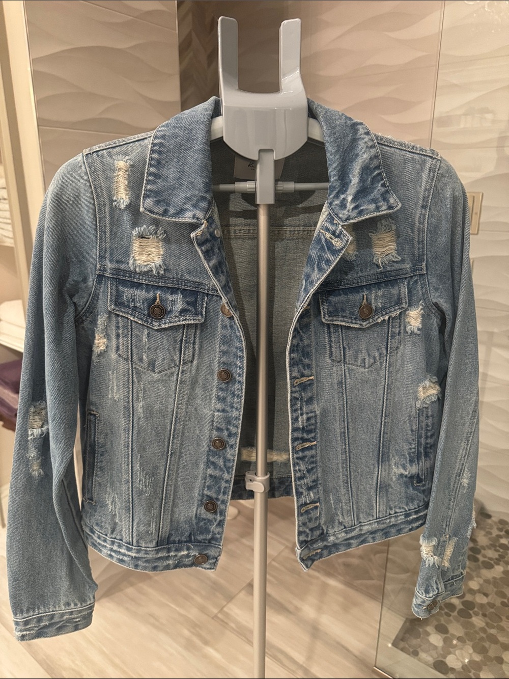 KanCan Women’s Blue Distressed Denim Jacket Small - Picture 1 of 3